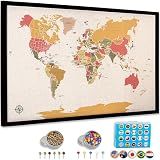 World Map Pin Board Large 30"x20" Framed | Colored Cork Wall Map with Country Flags, Metallic & Colored Pins | World Travel Map with Pins | Unique Push Pin Map Gift for Travelers, Couples & Families. (Multicolor)