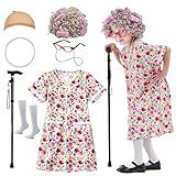 VersaCharm Kids 100 Days of School Costume for Girls, Old Lady Costume wig dress and Granny Grandma Set for Child