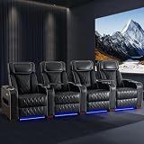 CALIVIA Luxury Home Theater Seating with Electric Headrest (Black, 4 Seat)