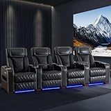 CALIVIA Luxury Home Theater Seating – Power Recliner with Adjustable Headrests, Blue LED Ambient Lighting, Tray Table, USB & Type-C Charging (Black,4 Seat)