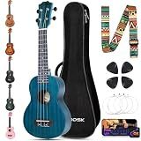 AODSK Soprano Blue Ukulele for Beginner 21 Inch Ukelele with Gig Bag Strap Nylon String 4 Picks Holiday Gift