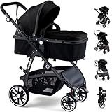Baby Stroller, 2-in-1 Reversible Toddler Seat with Lie-Flat Mode, Foldable Infant Stroller with Canopy, One Button Brake, Adjustable Handle, Newborn Pushchair (Black B)