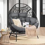 IRONCK Egg Chair Outdoor, Double Egg Lounge Chair with Thickened Padded Cushions and Headrests, 700 Lbs 2 Person Egg Loveseat for Garden, Indoor, Porch, Balcony, Patio, Dark Gray