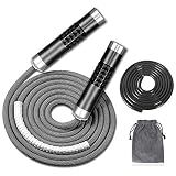 Redify Weighted Jump Rope for Workout Fitness(1LB), Tangle-Free Ball Bearing Rapid Speed Skipping Rope for MMA Boxing Weight-loss,Aluminum Handle Adjustable Length 9MM Fabric Cotton+9MM Solid PVC Rope (Grey)