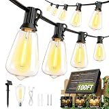 100FT Solar String Lights Outdoor Waterproof with Remote & Timer, LED Shatterproof ST38 Bulbs, USB & Solar Powered Patio Lights for Backyard, Porch, Garden, Wedding Decor, Dusk to Dawn Lighting