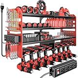 VeyFolzin.st Large Power Tool Organizer Wall Mount with Charging Station, 4 Layer Heavy Duty Metal Cordless Tool Organizer, Tool Storage Rack with 8 Cordless Drill Holder Screwdriver Hammer(Red)