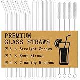 Piteno® 12Pcs Glass Straws with 4Pcs Brushes, Reusable Clear Glass Drinking Straws, 8.5''x10MM, Set of 6 Straight and 6 Bent with 4 Cleaning Brushes, Perfect for Smoothies, Milkshakes, Juice, Tea