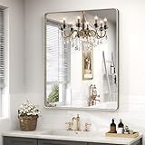 CHARMOR 28x32 Silver Bathroom Mirror for Wall, Brushed Metal Framed Bathroom Vanity Mirror, Modern Rounded Corner Rectangle Mirror, Anti-Rust (Horizontal/Vertical)