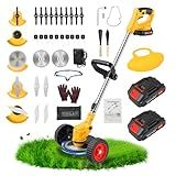 24V Electric Weed Wacker Cordless Grass Trimmer with 2x2000mAh Batteries & Fast Charger, 3 in 1 Stringless Lightweight Brush Cutter/Edger/Mower with 5 Types Blade & Wheels for Garden and Yard Lawn