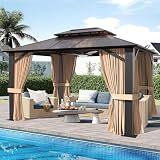 SOLUMIA 10x12 Hardtop Gazebo with Curtains & Netting, Double Roof Polycarbonate Canopy, Heavy-Duty Aluminum Frame Pergola for Patio, Garden, Deck – All-Weather UV & Rust Resistant