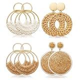 4 Pairs Handmade Raffia Rattan Bohemian Round Drop Dangle Earrings for Women, Boho Statement Cute Fun Hoop Earrings Set (Raffia and rattan)