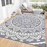 Bsmathom Waterproof Outdoor Rug 6'x9' Reversible Boho Plastic Straw Patio Deck Camping Rugs, Indoor Outdoor Portable RV Mat Clearance Carpet for Outside, Porch, Balcony, Backyard, Beach, Pool,Grey