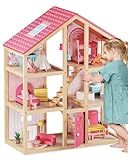 Tiny Land Wooden Dollhouse for Girls - 6 Rooms Wooden Doll House, DIY Pretend Doll House with 32Pcs Furniture Accessories, Creative Gift for Girl Ages 3+