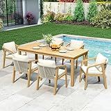 7-Piece Outdoor Dining Set for 6 with 23" Extra Wide Chair and Cushion，Patio Table and Chairs Set with All Acacia Wood Frame, All-Weather PE Rattan Outdoor Patio Furniture Set for Lawn Garden, Beige