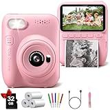 Instant Print Camera for Kids, 3.0" HD 32MP Kids Camera 1080P with 3 Rolls of Printer Paper, Birthday Gifts Toy for 3-12 Year Old Girls Boys with 32GB SD Card-Pink