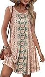 Sundress for Women Floral Bohemian Dress Sleeveless Loose Aline Beach Cover Up(Pink Boho Flower,L)
