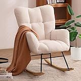 NIOIIKIT Nursery Rocking Chair Teddy Upholstered Glider Rocker Rocking Accent Chair Padded Seat with High Backrest Armchair Comfy Side Chair for Living Room Bedroom Offices (Ivory Teddy)