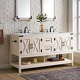 AMERLIFE 60” Farmhouse Bathroom Vanity with Double Sink, Freestanding Cabinet with 2 Drawers, 4 Barn Doors & Open Shelf, Rustic Storage for Master or Family Bathroom, Antique White