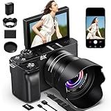 8K Digital Camera, 88MP Cameras for Photography, Vlogging Camera for YouTube with 3" 180° Flip Screen, 18X Zoom UHD Autofocus Video Camara with Lens Hood, 64GB Card