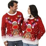 Ugly Christmas Sweaters for Women 2025 Men Light Up Christmas Sweater,Funny Reindeer Unisex Red Xmas Ugly Sweater for Couples