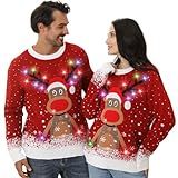 Ugly Christmas Sweaters for Women 2025 Men Light Up Christmas Sweater,Funny Reindeer Unisex Red Xmas Ugly Sweater for Couples