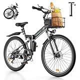 isinwheel M40 Folding Electric Bike for Adults 500W Ebike with Basket, Dual USB Charging Ports, Full Suspension, 7 Speed Gearshift, 20mph Foldable Electric Bicycles, 26" Electric Mountain Bike