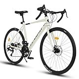 Road Bike, 700C Wheel City Commuter Bicycle, 16 Speed Drop Bar, Fast Acceleration, Racing Bike with Disc Brakes, with Light Weight Aluminum Alloy Frame, Sport Bike, Urban Adult Bicycle (Cream)