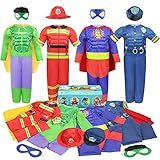 Teuevayl Boys Muscle Chest Dress up Costumes Trunk with Superhero, Policeman, Fireman Costume, Kids Pretend Role Play Costumes Set, Boys Dress up Clothes for Kids Ages 3 4 5 6 7