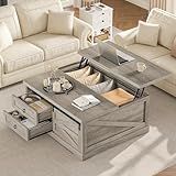 Itaar 39.4'' Lift Top Coffee Table with Storage, Farmhouse Coffee Tables for Living Room, Square Coffee Table with Large Hodden Compartment & 2 Drawrs & Adjustables Shelves (Gray)