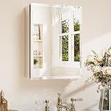 TETOTE 14 x 18 Medicine Cabinet with Tempered Beveled Mirror Silver Aluminum Cabinet DTC Hinges, Stepless Adjustable Shelves, Recessed/Surface-Mounted