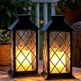 Dekofun 2 Pack 14" Large Tempered Glass Solar Lanterns Outdoor Waterproof, Hanging Solar Lights with Flickering Flameless Candles, Solar Lantern for Wall Porch Patio Table Garden Decoration (Black)