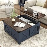 jimeimen Farmhouse Lift Top Coffee Table with Storage, Wood Square Center Table with Charging Station&USB Port, Living Room Table w/Large Hidden Space, for Living Room, Bedroom, Home Office, Blue