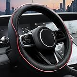 Ouzorp Car Steering Wheel Cover, Microfiber Leather Steering Wheel Covers with Anti-Slip Lining, Universal 14.5-15 inchs Black with Red line