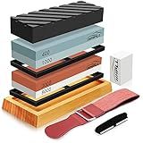 HMPLL Knife Sharpening Stone Set, Professional Whetstone 4 Side Grit 400/1000 3000/8000, Whetstone Knife Sharpener Stone Set Include Non-slip Base, Leather Strop, Flattening Stone & Angle Guide