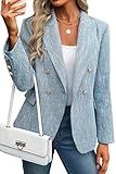ELLEVEN Womens Tweed Blazers Business Casual Long Sleeve Double Breasted Bottons Jackets Work Suit Slim Fit Dressy Elegant Pockets Plaid Blazer Padded Shoulder Spring Fall Winter Light Blue Large