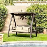 PURPLE LEAF 2-Seat Porch Swing with Adjustable PVC Canopy Metal Patio Bench Glider Swing Bed Outdoor Swing Chair with Stand and Side Cup Holder for Outside Garden Porch, Cushion and Pillows Included