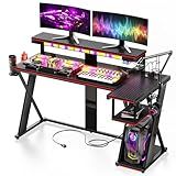Bestier Computer Desk with Music Sync Light, Flow Vibe Corner Desk with Monitor Stand and PS5 Storage Shelves, Cup Holders, and Headset Hooks for Bedroom Small Space (Black RED, 57 Inch)