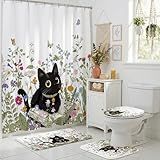 Mocsicka Floral Shower Curtain Set Cute Funny Black Cat Shower Curtain Set Spring Farmhouse Wildflower Bath Curtain Boho Floral Bathroom Decor Set with Non-Slip Washable Bath Rugs, Toilet Lid Cover