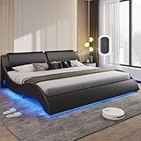 DICTAC King Size Bed Frame with Headboard and Charging Ports Modern Low Profile King Platform Bed Frame with LED Lights Wave Like Curve Led Bed Frame King Size with Wood Slats Support,Black