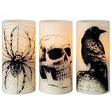 Eldnacele Halloween LED Flameless Flickering Candles Battery Operated with 6H Timer Skull Spider Web Crow Raven Spooky Decals Halloween Themed Indoor Decoration(3 Pack, D3 x H6)