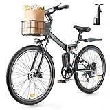 isinwheel M40 Folding Electric Bike for Adults 500W Ebike with Basket, Dual USB Charging Ports, Full Suspension, 7 Speed Gearshift, 20mph Foldable Electric Bicycles, 26" Electric Mountain Bike