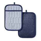 MARTHA STEWART Honeycomb Quilted Chambray Pot Holder 2-Pack Set, 100% Cotton, Flexible Non-Slip Silicone Grip, Heat Resistant, Navy Blue, 7"X10"