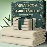 DECOLURE 100% Viscose Derived from Bamboo Sheets Queen Size 6pcs - Ultra Soft & Luxuriously Cooling, 17" Deep Pocket, Double Stitching, Perfect for Hot Sleepers - Queen Bed Sheets (Creme)