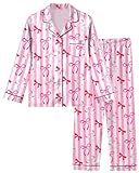 Sylfairy Girls Pajamas Silk PJS Set Pink Bow Satin Sleepwear Long Sleeve Jammies for Kids Button-Down Nightwear Loungewear Clothes 13-14 Years Pink Strip Butterfly