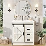 AMERLIFE Farmhouse Bathroom Vanity with Sink Combo, 31in Sliding Barn Door Bathroom Vanity Cabinet Set with Storage Drawers, Metal Handles, Small Single Bath Storage Vanity Sink, Antique White