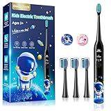 Kids Electric Toothbrush Rechargeable Age 3-5-6-12-18 Year Old, Sonic Toothbrush Kids with Timer 3 Modes 4 Vibrating Heads Habit Stickers Tooth Brush for Girls Boys and Childrens (Astronaut Black)