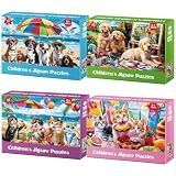 Jeacirio 4 Pack 100 Piece Puzzles for Kids Ages 4-6 6-8 8-10, Dog Cat Jigsaw Puzzles for Kids, Large Piece Educational Puzzle Toys with Posters & Bags, Gifts for Boys Girls