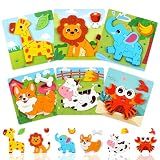 YUNCHY Wooden Puzzles for Toddlers 1-3, 6pcs Animal Jigsaw Puzzles for Toddlers, Montessori Educational Learning Toys for Kids Ages 1-4,Gifts for Boys Girls