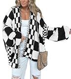 BTFBM Casual Cardigan Sweater for Women Fall 2025 Long Sleeve Open Front Chunky Knit Sweaters Checkered Outwear Coat(Black,X-Large)