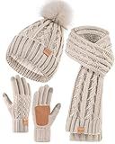 Womens Beanie Hat Scarf Gloves Set, Soft Fleece Lined Winter Hat with Pom Pom, Long Knit Scarf Neck Warmer Touchscreen Gloves for Cold Weather, 3 in 1 Warm Set Stocking Stuffers for Women(Oatmeal)